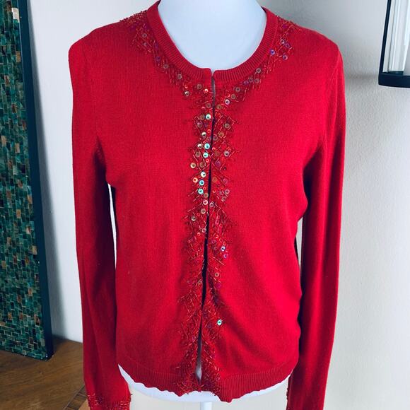 Vintage Size M Silk Cashmere Sequined Cardigan Sweater Red Holiday Christmas - Picture 5 of 14